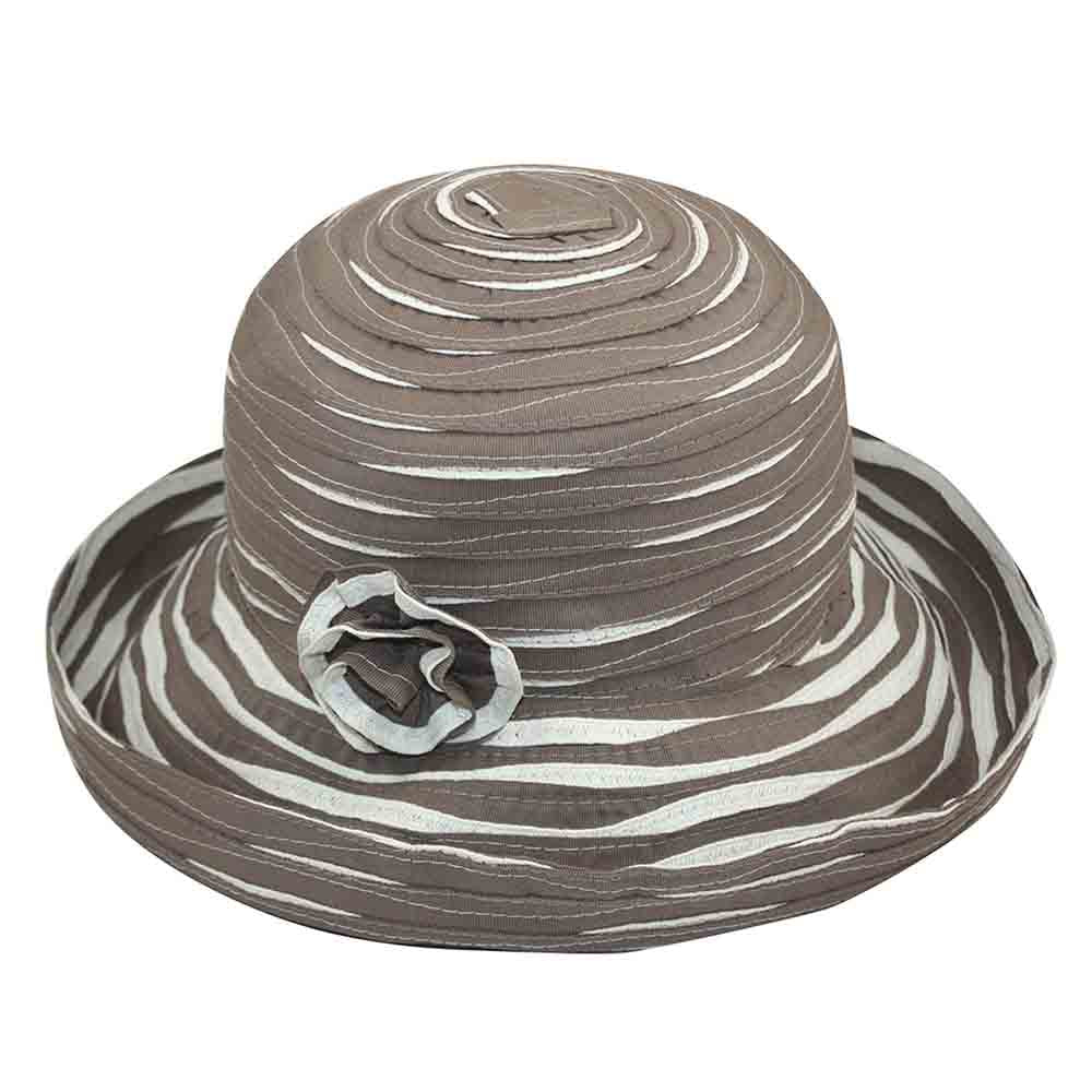 Two-Tone Ribbon and Straw Kettle Brim Hat - JSA Kettle Brim Hat Jeanne Simmons js9222bn Taupe Medium (57 cm) 