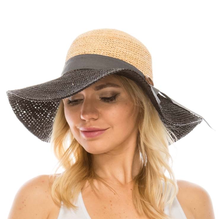 Two Tone Hand Crocheted Raffia Sun Hat - Black and Natural  display picture 1
