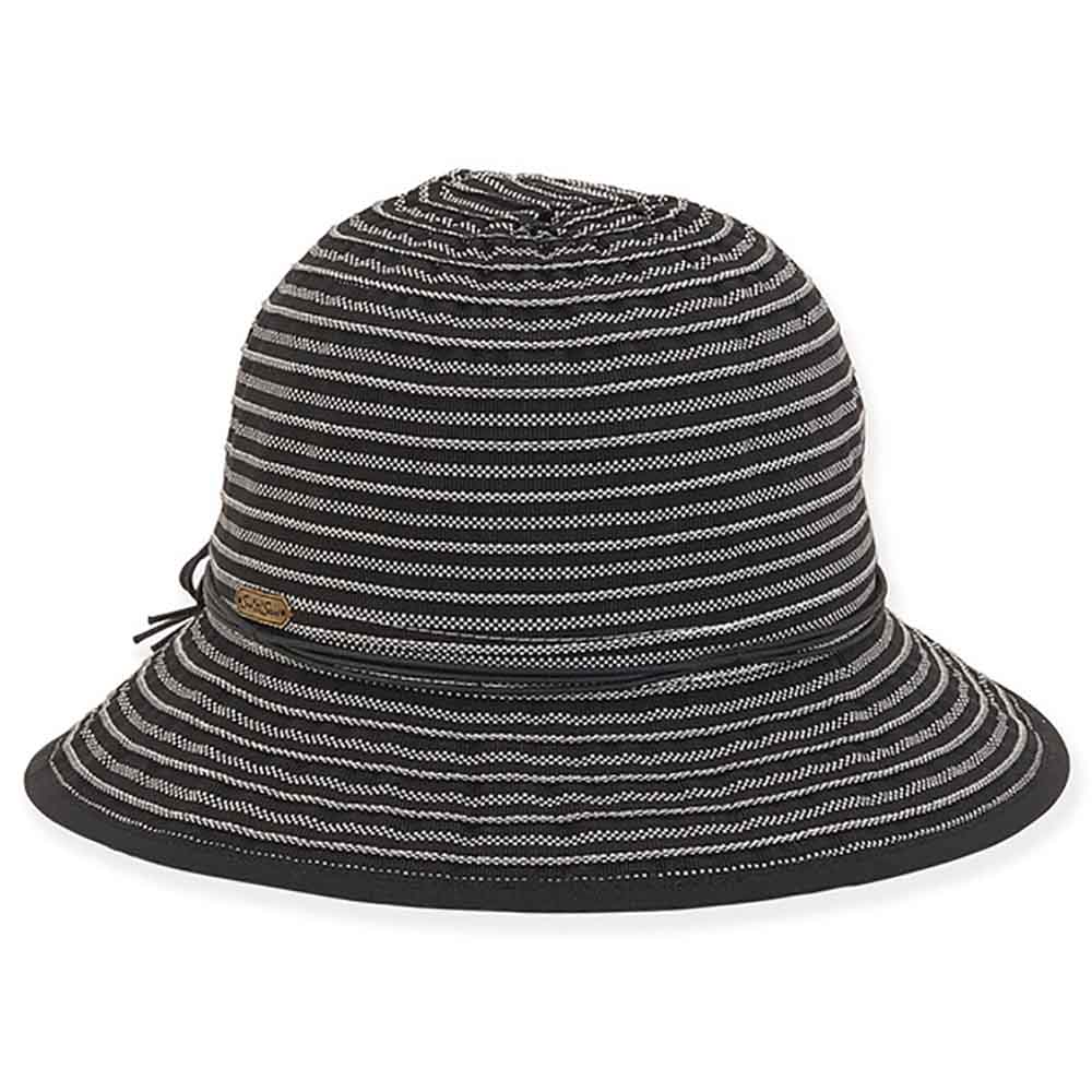 Two Tone Fabric Ribbon Split Brim Summer Hat - Sun 'N' Sand Hats Cloche Sun N Sand Hats HH2751B Black Medium (57 cm) 