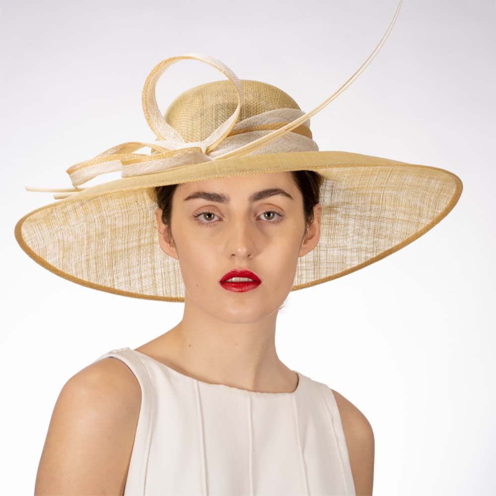 Two Tone Light Gold and Ivory Sinamay Hat with Long Quill - KaKyCO Dress Hat KaKyCO    