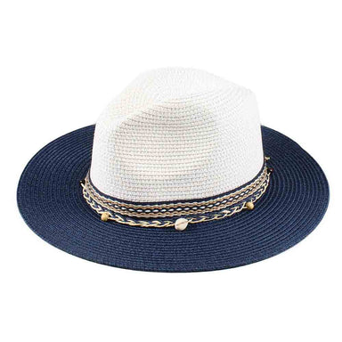Two Tone Wide Brim Fedora with Decorative Band - Jeanne Simmons Hats Safari Hat Jeanne Simmons JS8166-NV Navy Medium (57 cm) 