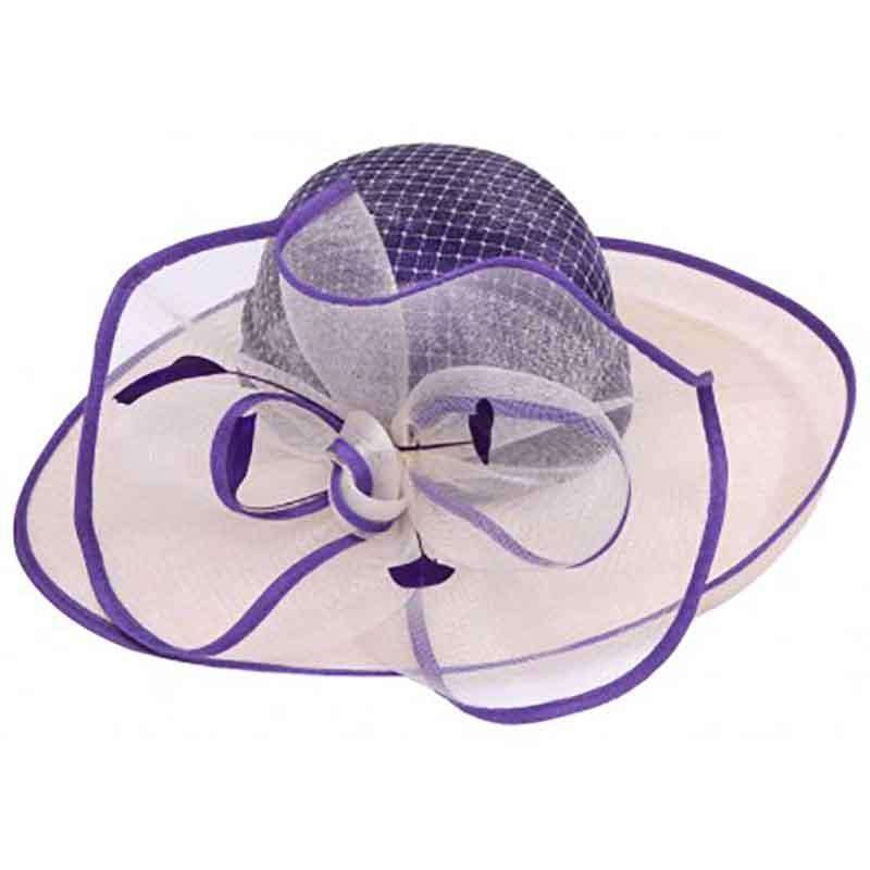 Up Turned Brim Two Tone Sinamay Dress Hat with Tulle Mesh Accent Dress Hat Something Special Hat uq6610pp Purple  