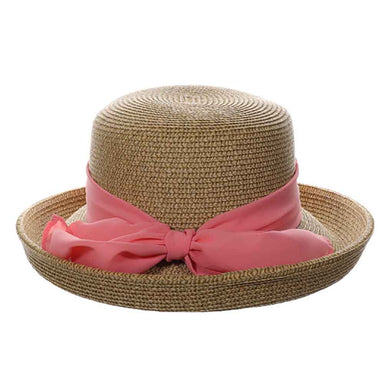 Up Brim Summer Hat with Chiffon Scarf - Scala Collection Hats Kettle Brim Hat Scala Hats    