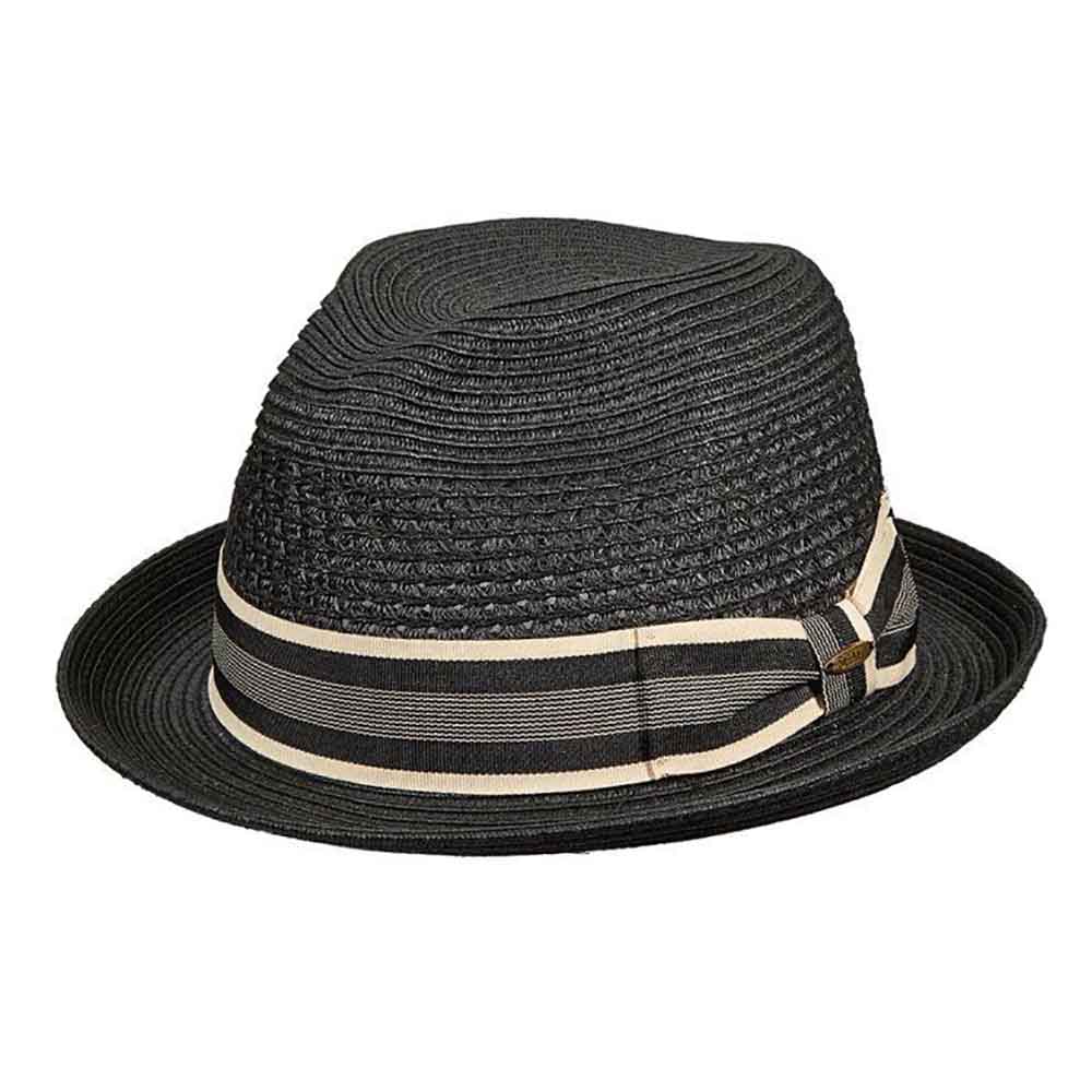 Vented Crown Straw Fedora with Striped Band - Scala Hats Fedora Hat Scala Hats MS324BK3 Black Large (59 cm) 
