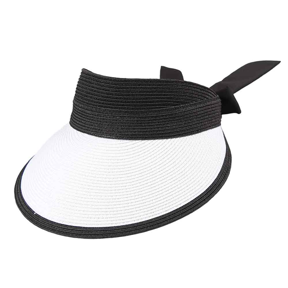 Wide Band Large Straw Visor Hat with Long Bow - Jeanne Simmons Visor Cap Jeanne Simmons JS6017WH White M/L (57-57 cm) 