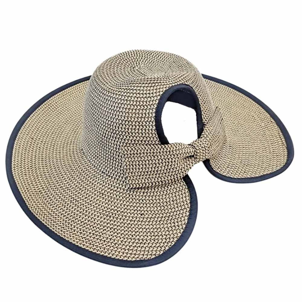 Wide Brim Straw Ponytail Facesaver Sun Hat - Boardwalk Hats Wide Brim Hat Boardwalk Style Hats DA1929-BLK Black Tweed OS 