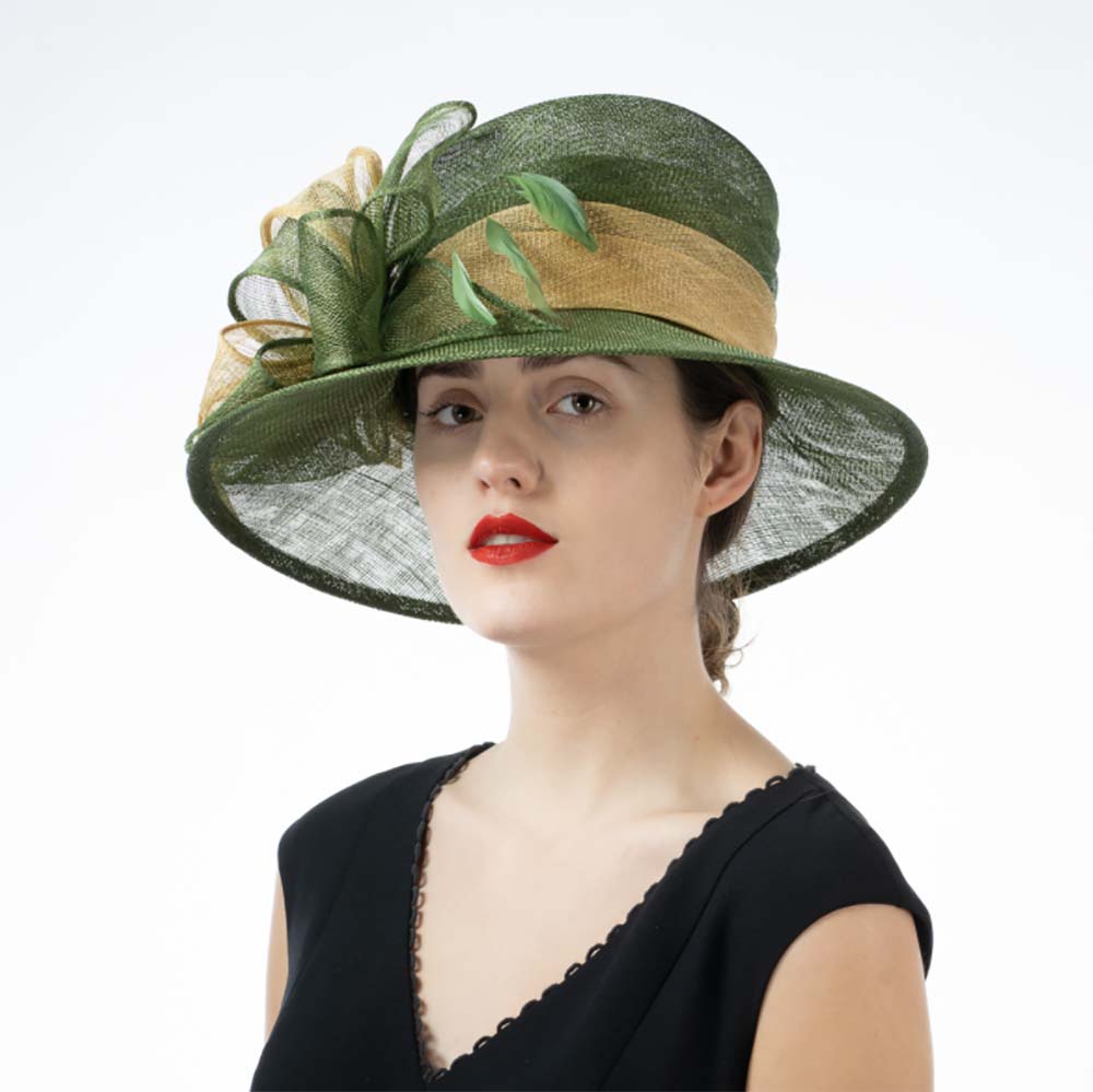Wide Downturned Brim Green and Gold Sinamay Dress Hat