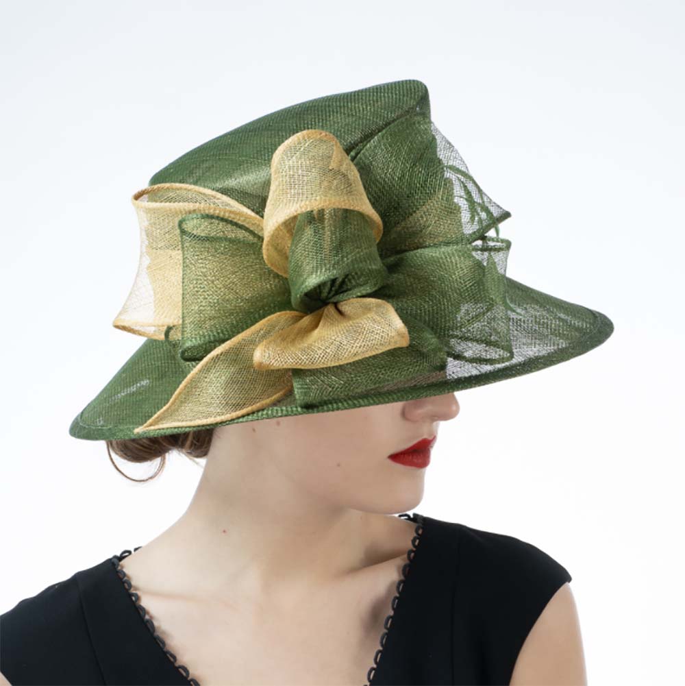 Wide Downturned Brim Green and Gold Sinamay Dress Hat