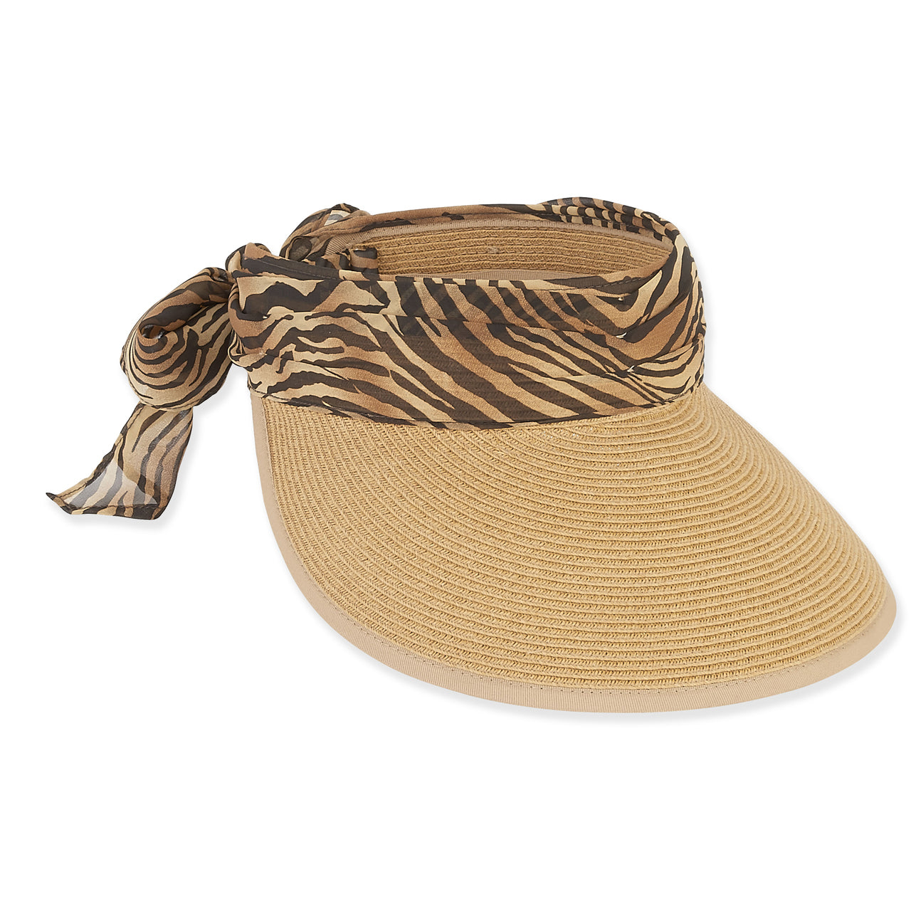 Wide Bound Brim Sun Visor with Animal Print Sash - Sun 'N' Sand Hats Visor Cap Sun N Sand Hats HH1475A Natural  