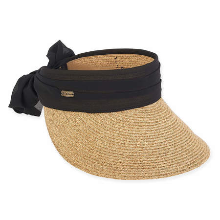 Wide Brim Sun Visor with Chiffon Sash and Long Bow - Sun 'N' Sand Hats Visor Cap Sun N Sand Hats HH1951B Tan  