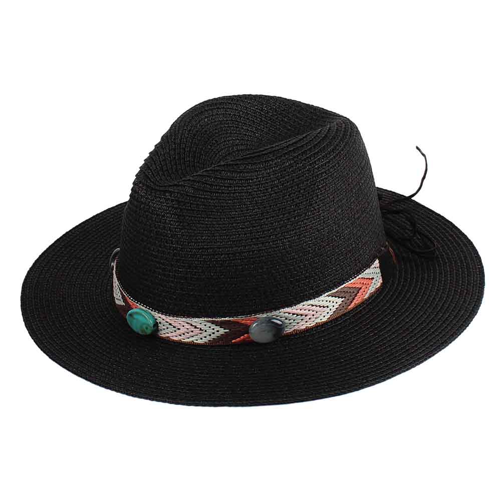 Wide Brim Black Fedora Hat with Chevron Band - Women\'s Accessory Hendrix Wide Brim Fedora with Herringbone Chain - Black  main image 4