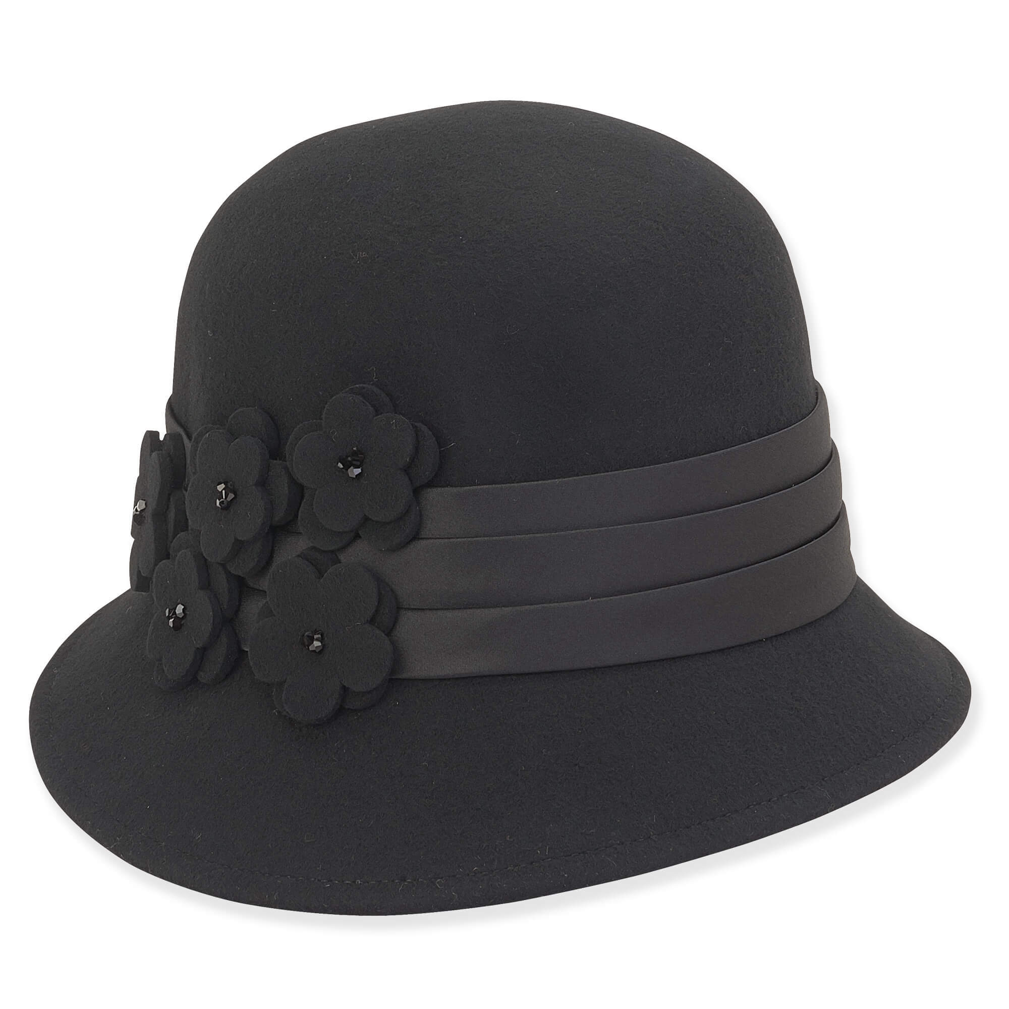 Wool Felt Cloche Hat with Floral Accent - Adora® Hats Cloche Adora Hats AD1104A Black  