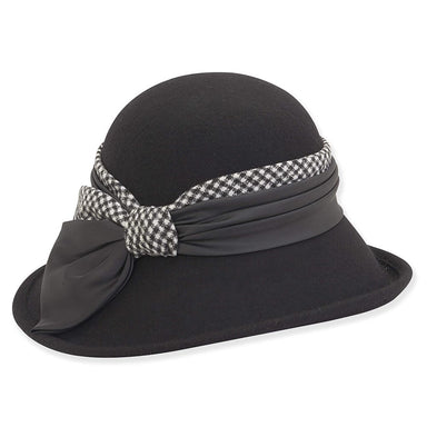 Wool Felt Cloche Hat with Houndstooth Woolen Trim Adora® Hats Cloche Adora Hats AD1229bk Black  