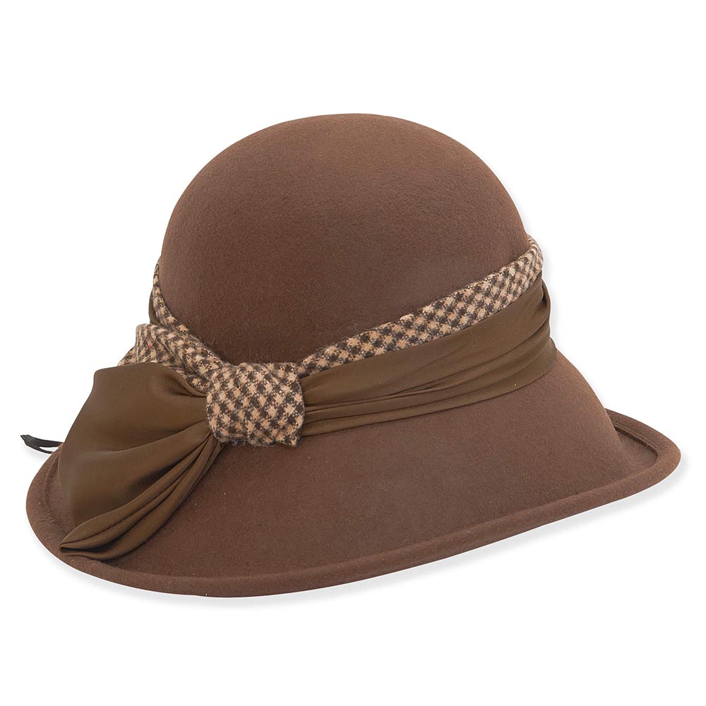 Wool Felt Cloche Hat with Houndstooth Woolen Trim Adora® Hats Cloche Adora Hats AD1229bn Brown  