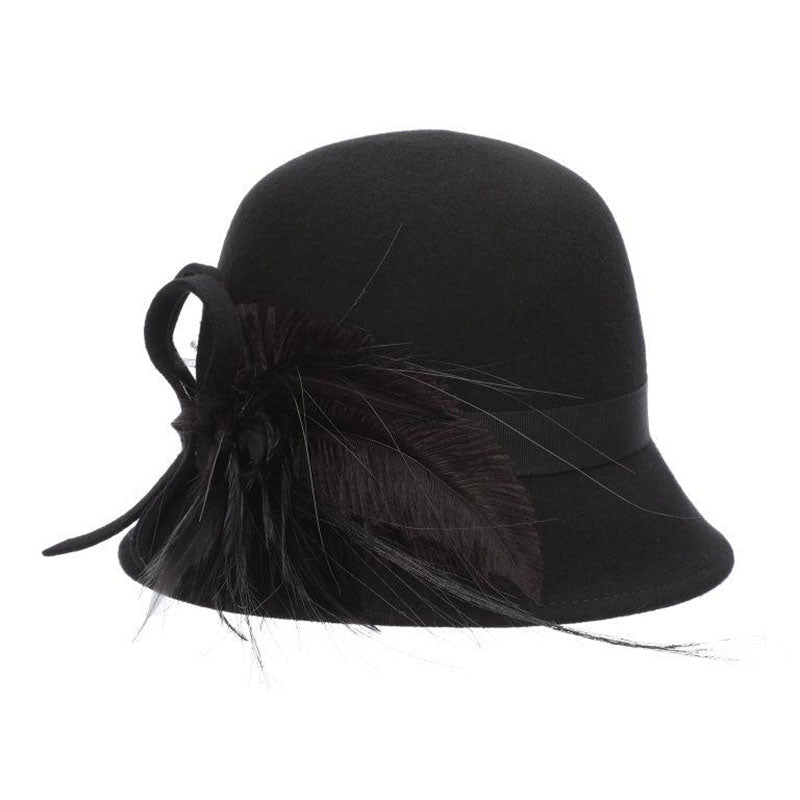 Wool Felt Cloche with Feather Accent - Scala Hats Cloche Scala Hats LV447 Black  