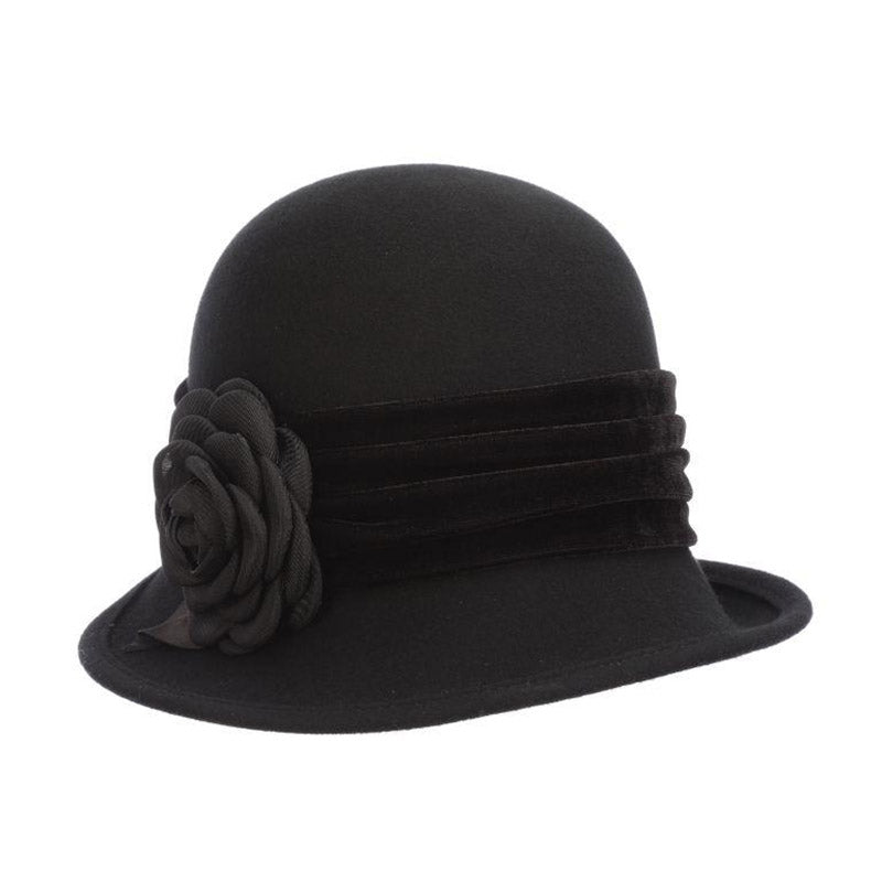 Wool Felt Cloche with Velvet Band - Scala Hat Cloche Scala Hats LF264 Black  