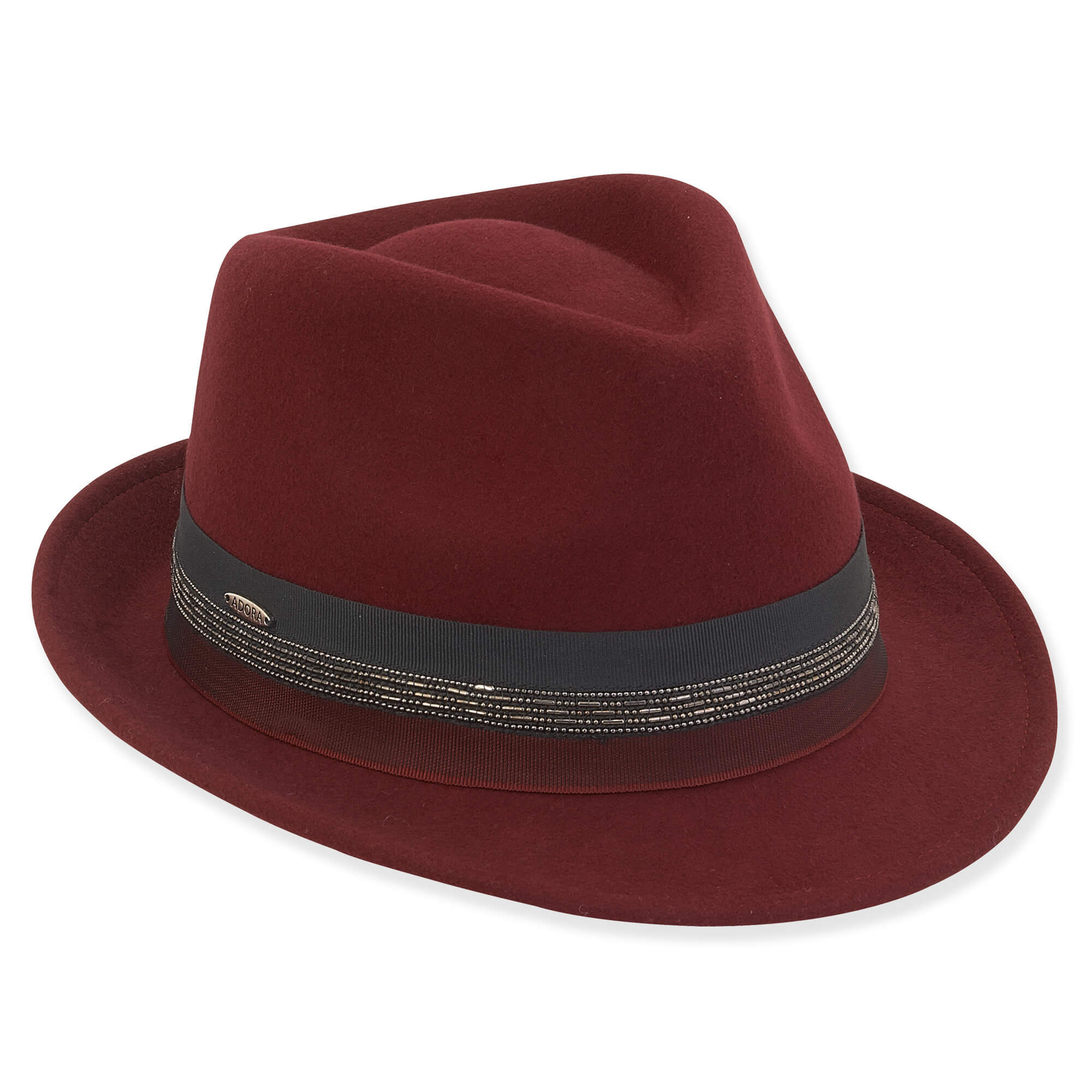 Wool Felt Fedora Hat with Beaded Ribbon Band - Adora® Hats Fedora Hat Adora Hats AD1138B Burgundy Medium (57 cm) 