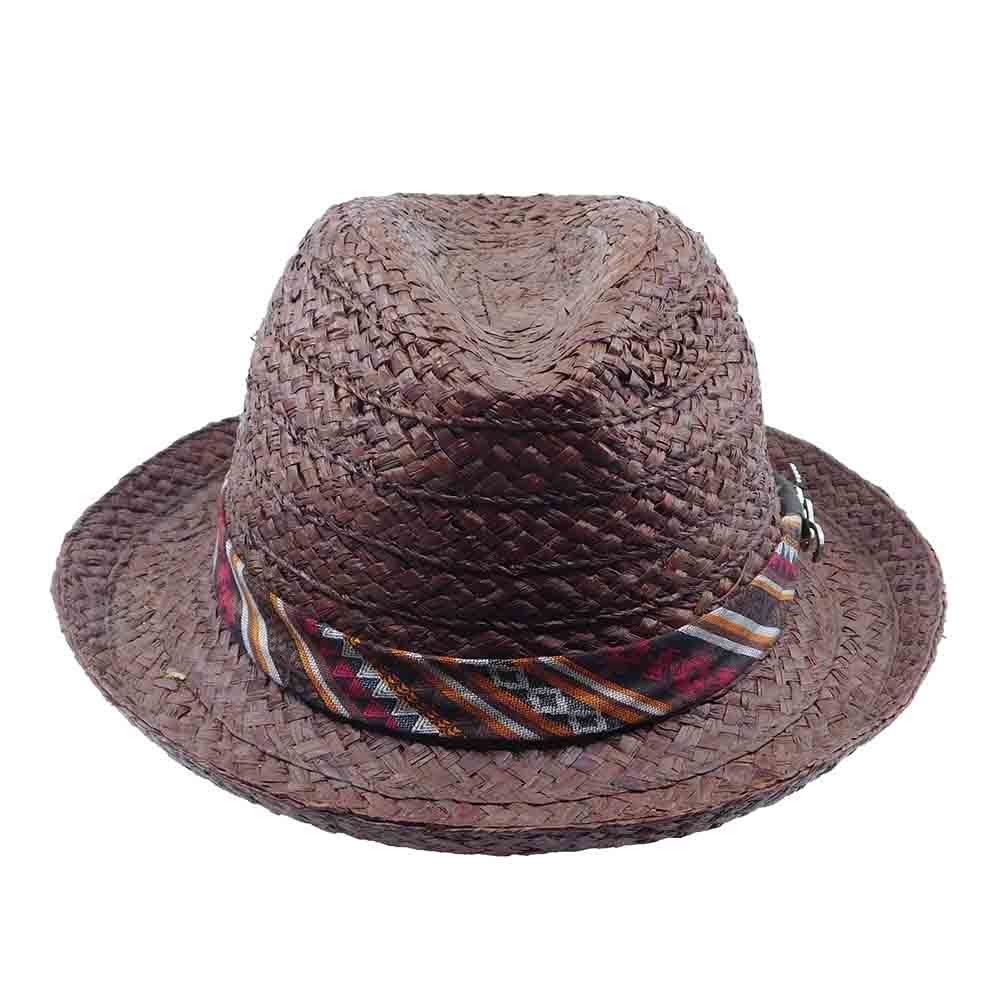 Woven Raffia Fedora Hat with Aztec Print Band - Carlos Santana Hats Fedora Hat Santana Hats    