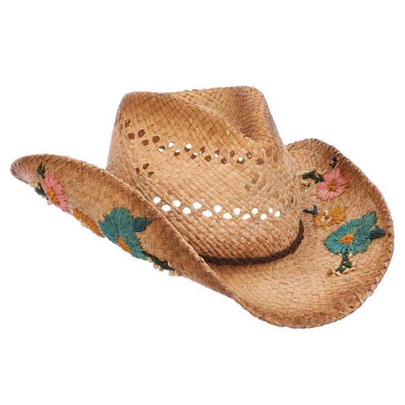 Woven Raffia Straw Cowboy Hat with Flower Embroidery Scala Hats