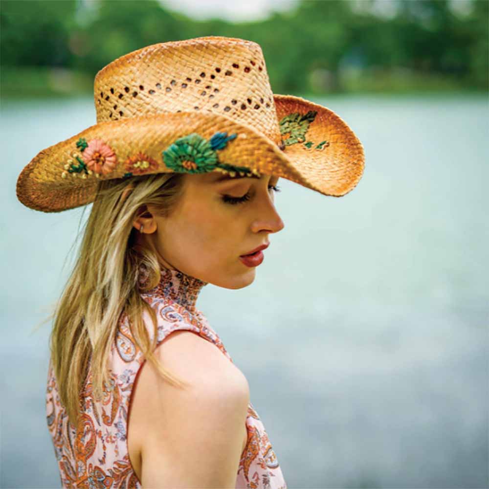 Embroidered Straw Western Cowboy Hat with Floral Design Ivory Rodeo Straw Cowboy Hat: Burned Floral, Freehand Design  main image 4