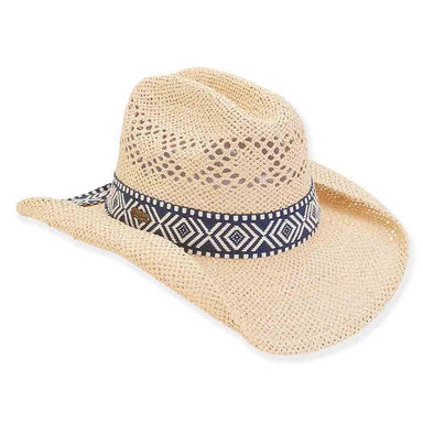 Woven Toyo Cowboy Hat with Tribal Pattern Band  - Sun 'N' Sand Hats Cowboy Hat Sun N Sand Hats HH2750A Natural M/L (58 cm) 