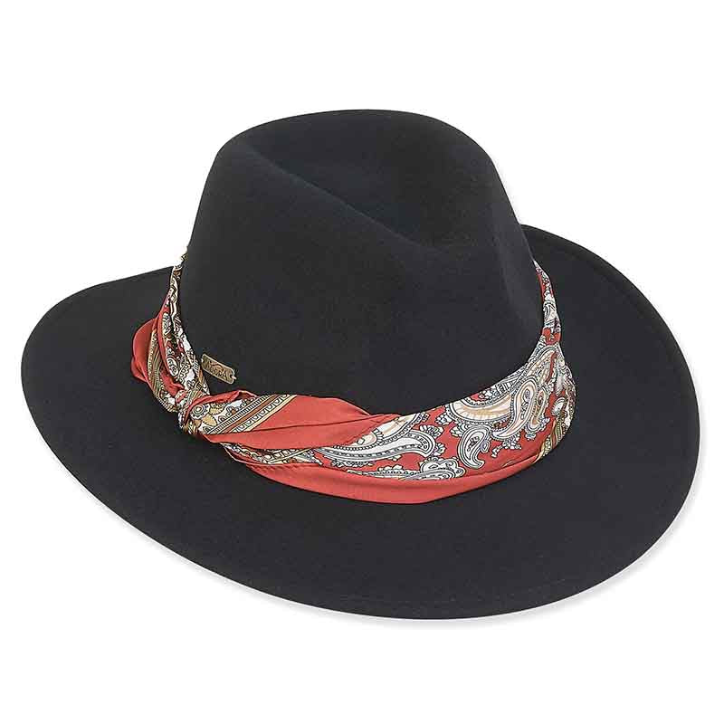 Adora® Wool Hat - Wool Felt Safari Hat with Satin Scarf Trim Safari Hat Adora Hats ad1009a Black  