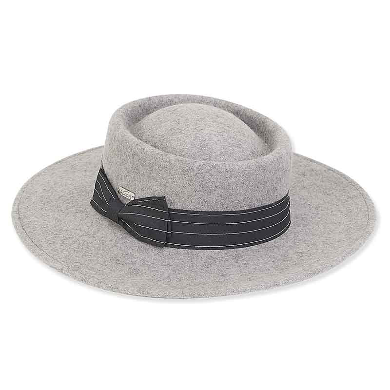 Adora Wool Hat - Wool Felt Bolero Hat with Wide Ribbon Side Bow Light Grey / Medium (57 cm)