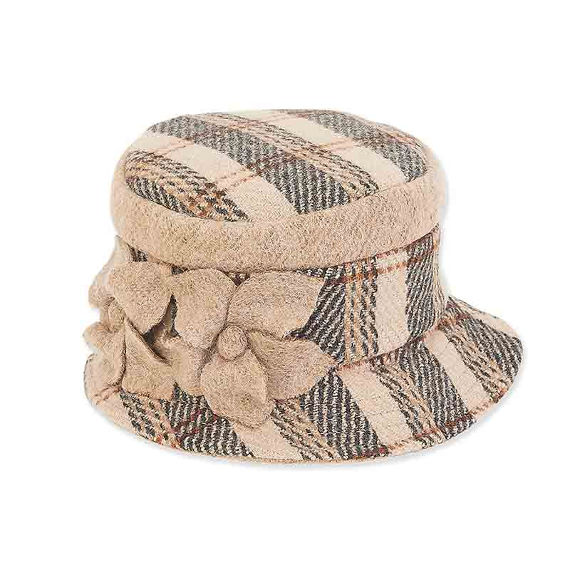 Adora® Wool Hat - Plaid Soft Wool Beanie Hat with Floral Trim Cloche Adora Hats ad1055b Camel  