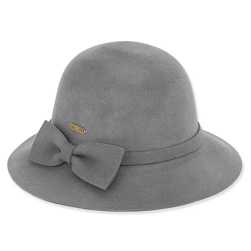 Adora® Wool Hat - Long Haired Wool Felt Cloche with Bow Cloche Adora Hats ad1079b Grey  