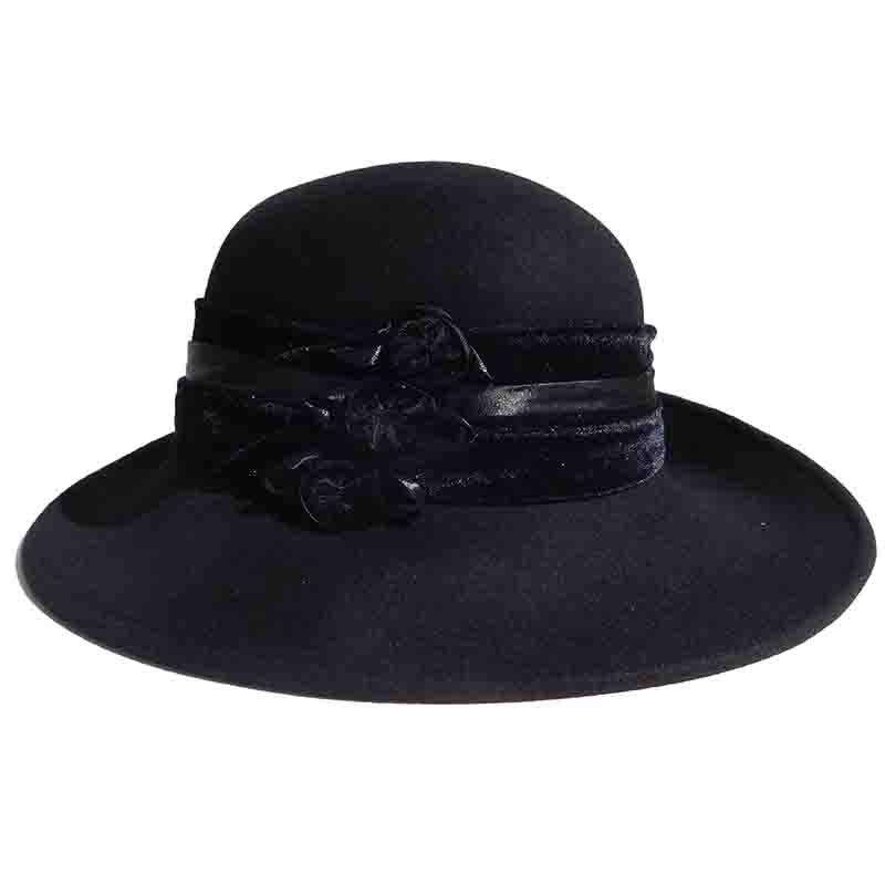 Large Brim Satin Adorned Wool Felt Hat by Adora®-Black Wide Brim Hat Adora Hats    