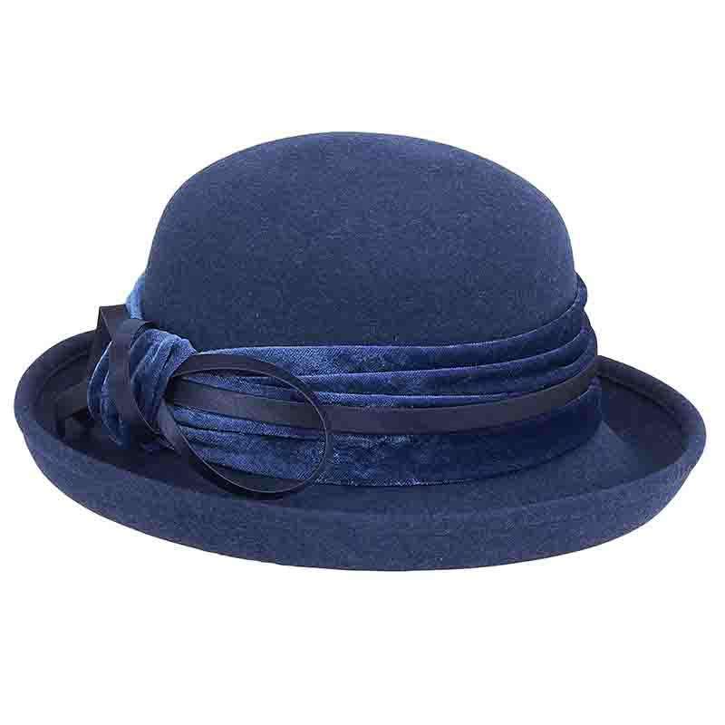 Velvet Band Wool Felt Bowler Hat by Adora®-Navy- Boho Chic  display picture 3