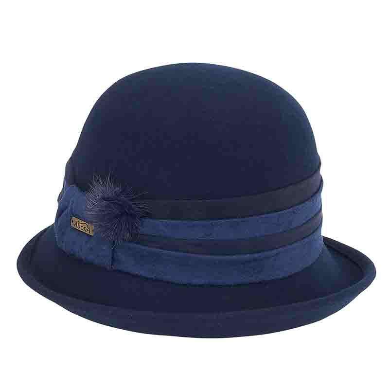 Up Turned Brim Cloche Hat with Pom Pom by Adora®-Navy, Cloche - SetarTrading Hats 