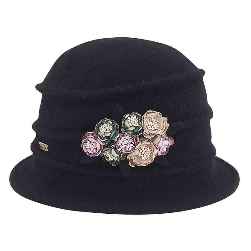 Boiled Wool Beanie Cap with Satin Rosette by Adora® Beanie Adora Hats ad931bk Black  