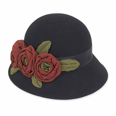Adora®Wool Hat - Cloche with Satin Rose Trio Cloche Adora Hats ad966a Black  