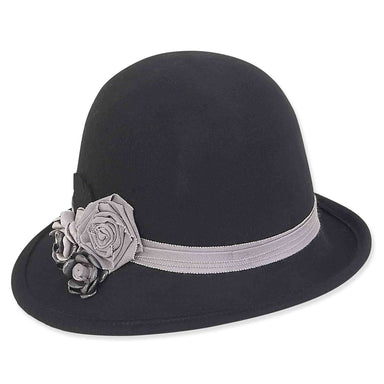 Black Cloche Hat with Grey Floral Trim - Adora® Hats, Cloche - SetarTrading Hats 