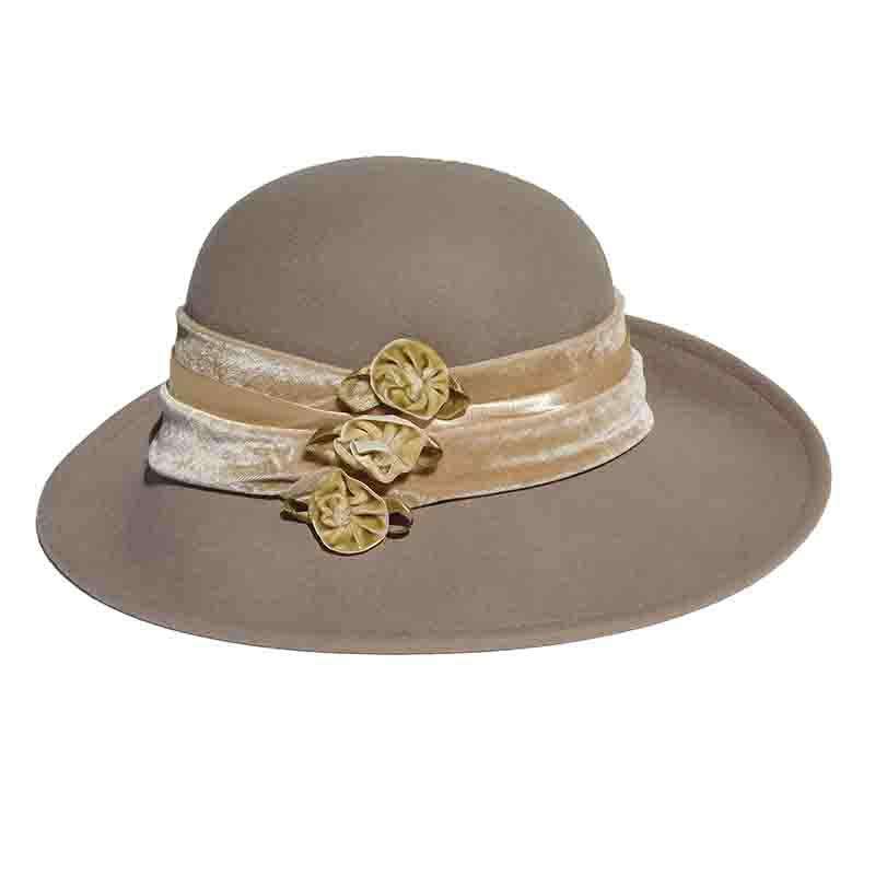 Large Brim Satin Adorned Wool Felt Hat by Adora®-Camel Wide Brim Hat Adora Hats    
