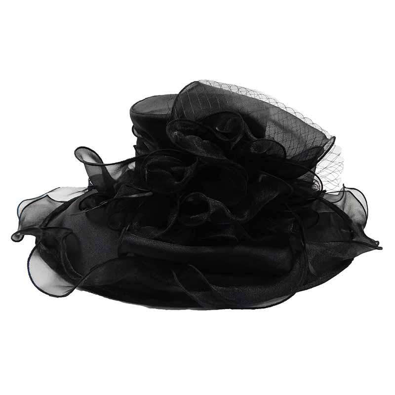 Large Organza Hat with Netting and Feather Accent Dress Hat Something Special Hat SW2824bk Black  