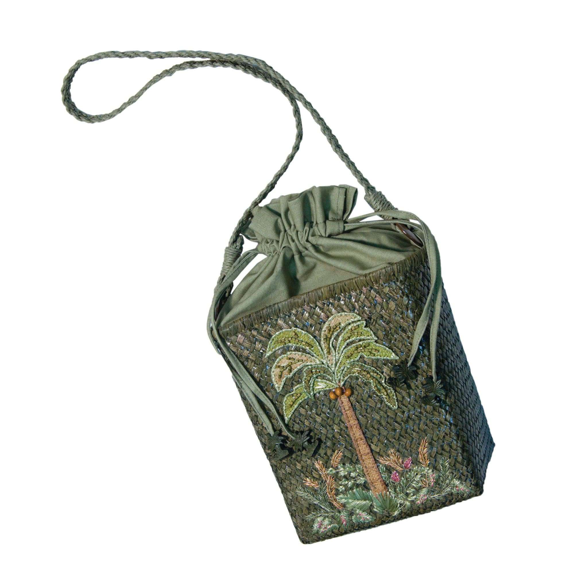 Cappelli's Seagrass Bag with Palm Tree Embroidery Bags Cappelli Straworld WSbag612 Olive  