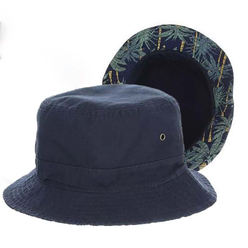Reversible Cotton Bucket Hat with Tropical Print Underbrim - DPC Hats Navy / X-Large (24)
