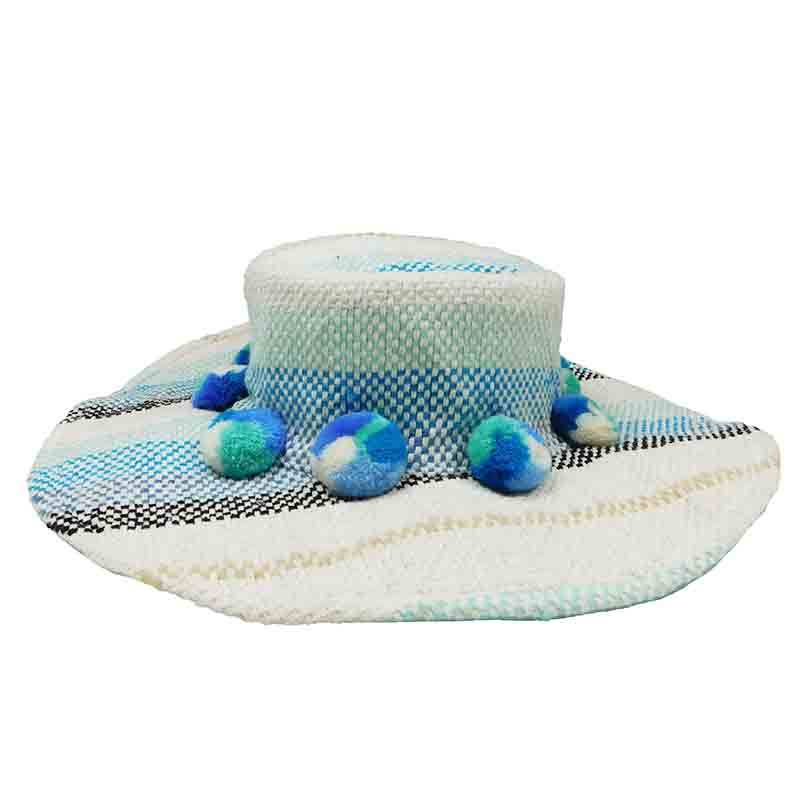 Basketweave Bohemian Hat with Large Pom Poms  - America and Beyond, Wide Brim Hat - SetarTrading Hats 