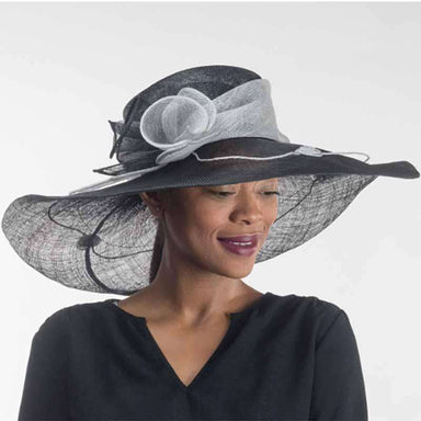 Calla Lily Adorned Black and Silver Wide Brim Sinamay Derby Hat - KaKyCO Dress Hat KaKyCO 117138-12.161 Black and Silver  