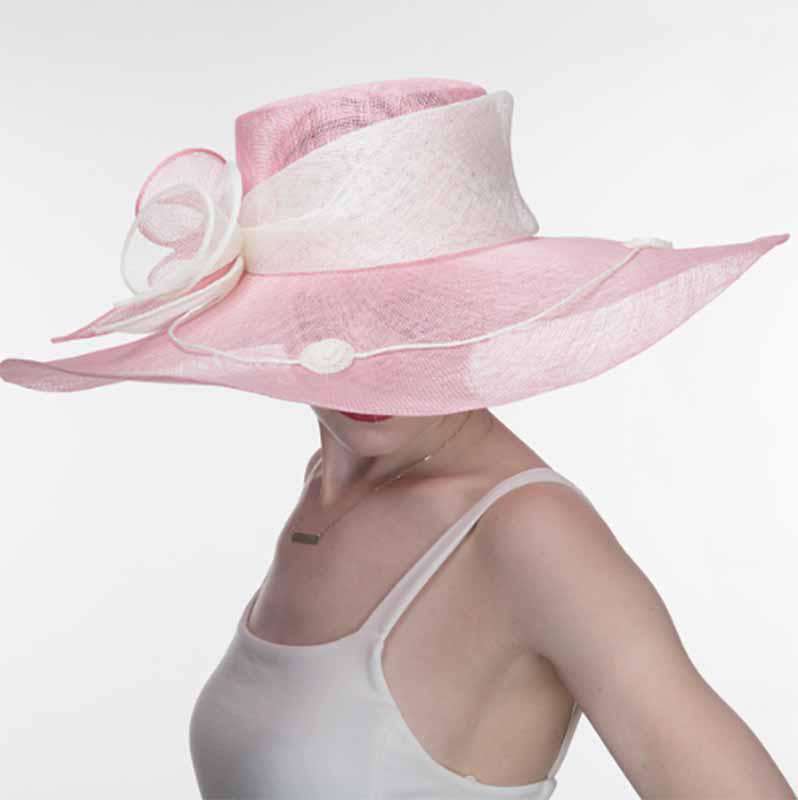 Callalily Adorned Pink and Ivory Large Brim Sinamay Hat - KaKyCO Dress Hat KaKyCO    