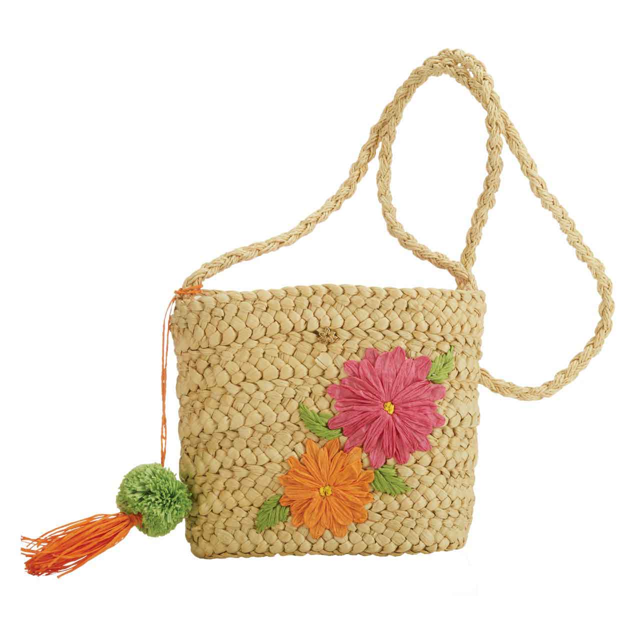 Cornhusk Cross Body Bag with Flower Embroidery - Cappelli Straworld Bags Cappelli Straworld bag1148 Fuchsia / Orange  