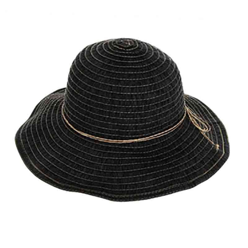 Denim Ribbon Sun Hat with Straw String Bow Wide Brim Hat Boardwalk Style Hats da781bk Black Medium (57 cm) 