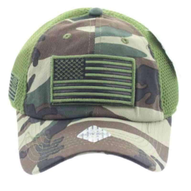 Camo USA Flag Caps with Mesh Back - HQ Cap Milani Hats FLAGGN Green  
