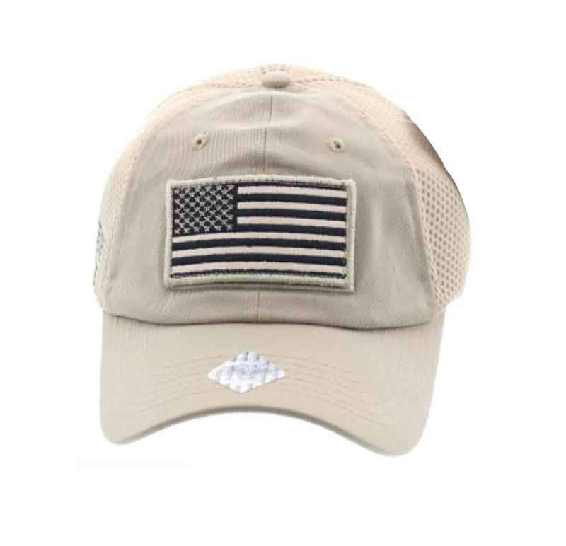 USA Flag Caps with Mesh Back - HQ Cap Milani Hats FLAG1KH Khaki  