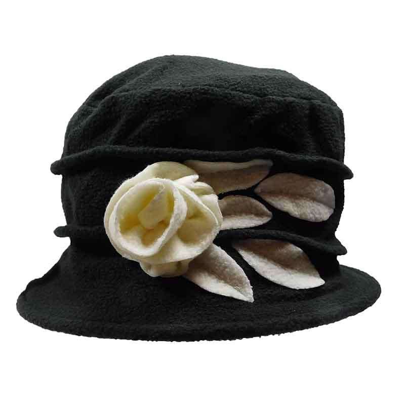 Fleece Beanie with Flower and Leaf Accent by JSA for Women Beanie Jeanne Simmons js7382BK Black  