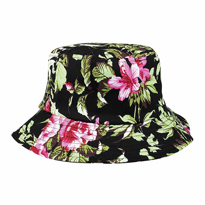 Hawaii Floral Print Cotton Bucket Hat  - Mega Cap Bucket Hat MegaCI 7801Hm Black M/L (58 cm,) 