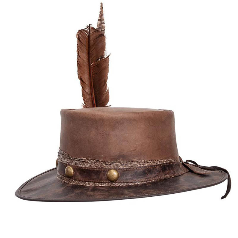 Steampunk Feathered Brown Distressed Fedora Whiskey Trail- Rivet Distressed Fedora Charcoal Brown  main image 4