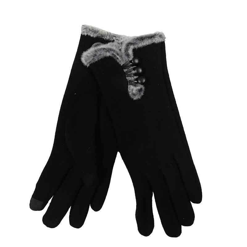 Fur Trimmed Texting Gloves with Button Accent Gloves Jeanne Simmons js7609BK Black  
